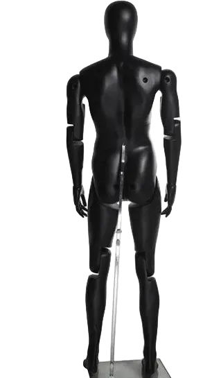 Back view of black satin male mannequin showing articulated joints and support rod