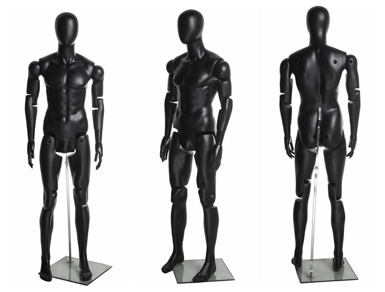 Multiple views of black satin fully posable male mannequin with fiberglass construction