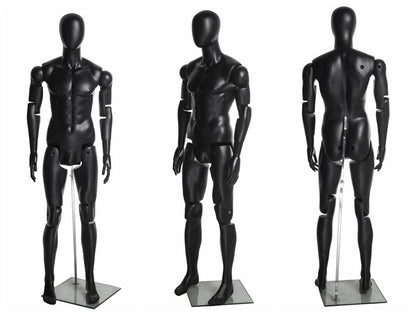 Multiple views of black satin fully posable male mannequin with fiberglass construction