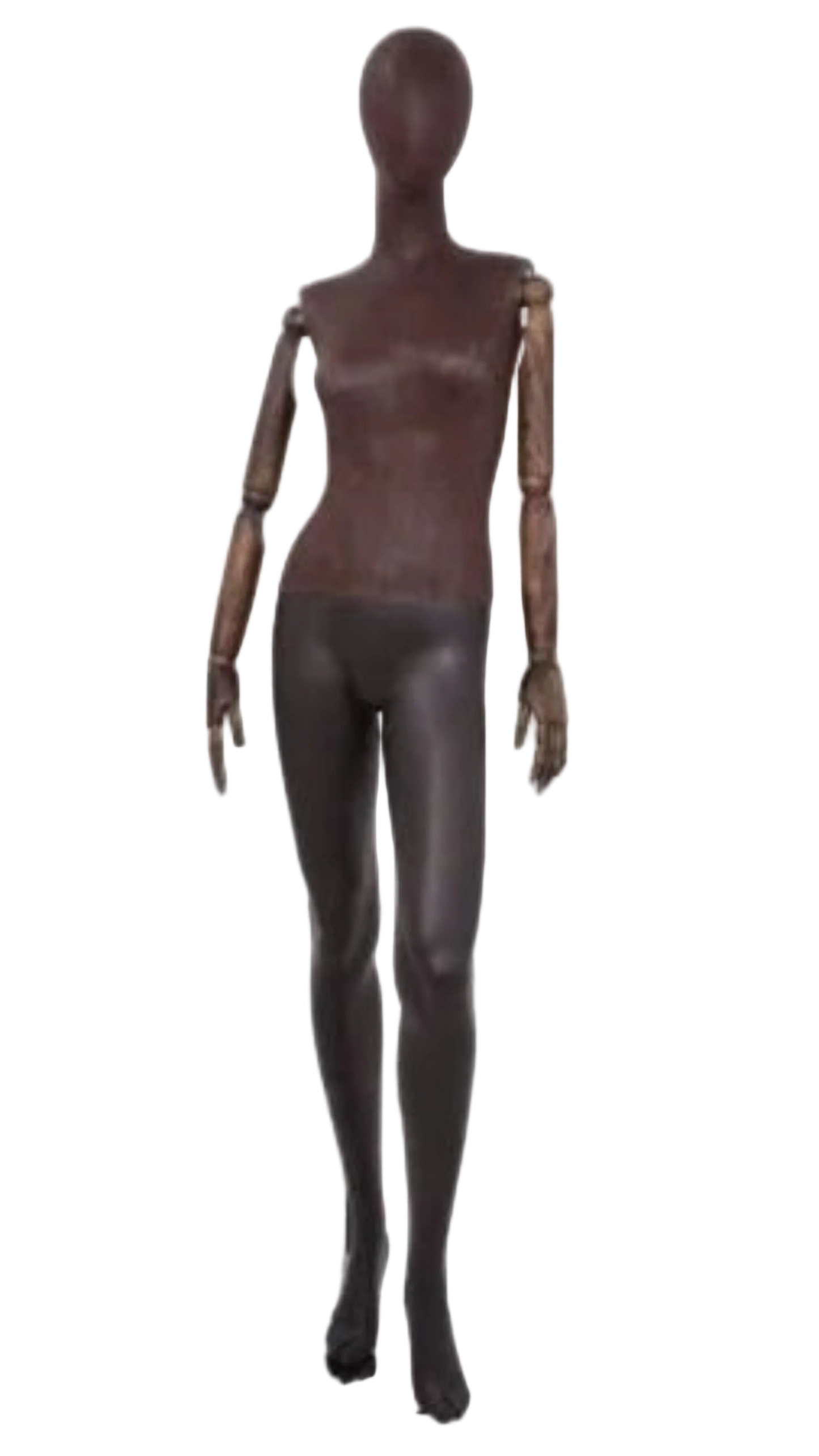 Brown leather-like female mannequin with bendable wooden arms left leg bent pose