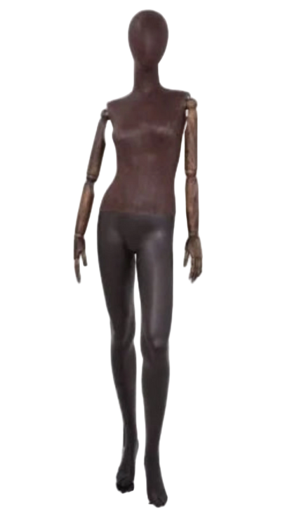 Brown leather-like female mannequin with bendable wooden arms left leg bent pose