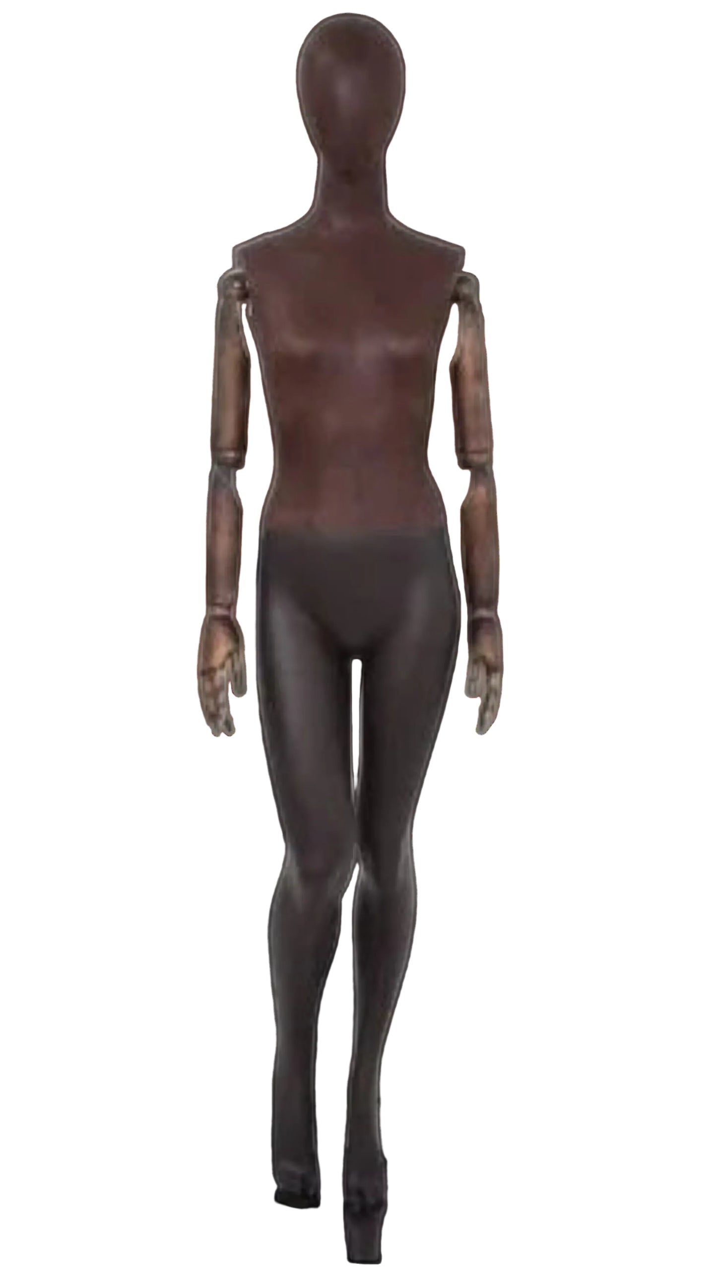 Brown leather-like female mannequin with bendable wooden arms cross leg pose