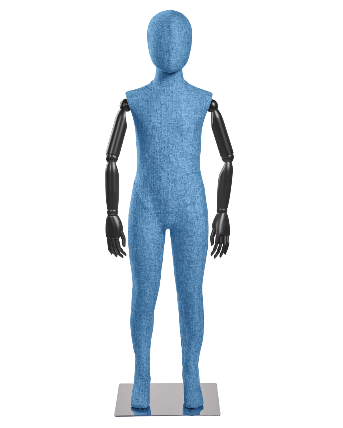 Child fabric wrapped mannequin, blue tweed, black articulated wooden arms