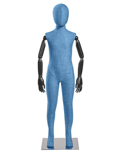 Child fabric wrapped mannequin, blue tweed, black articulated wooden arms