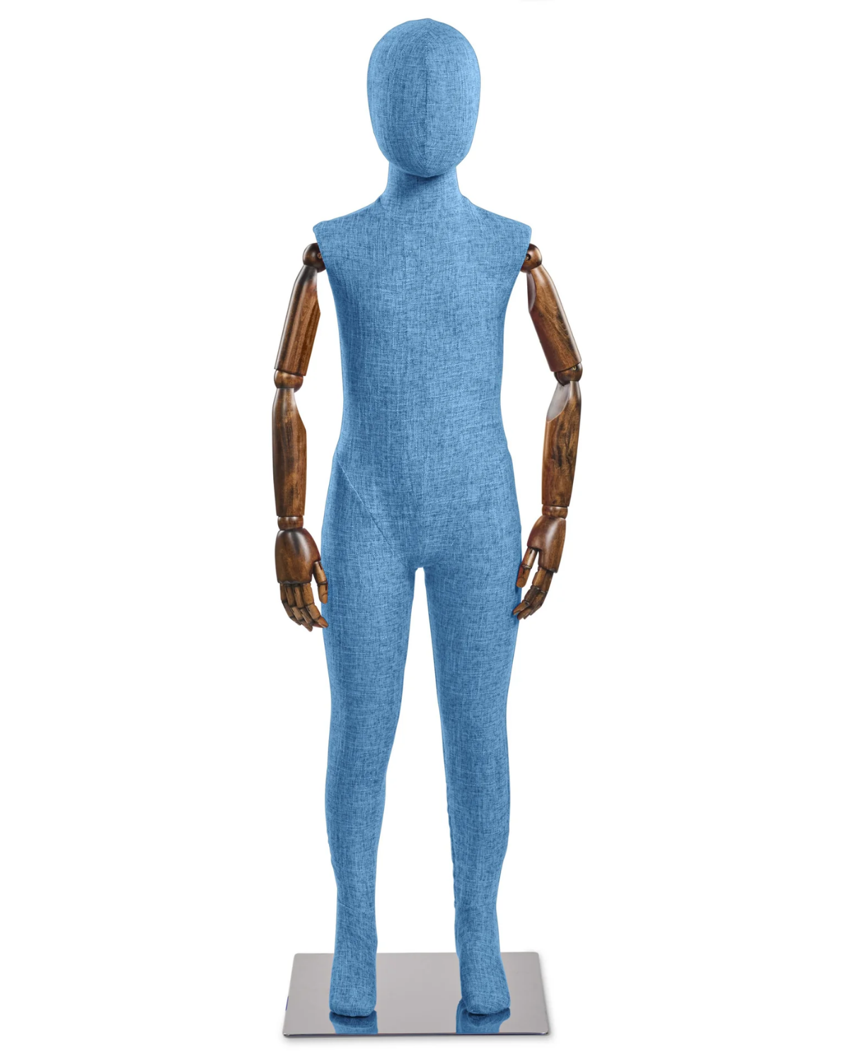 Child fabric wrapped mannequin, blue tweed, cherry articulated wooden arms