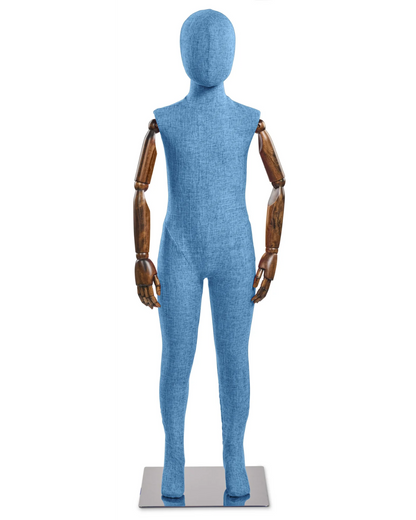 Child fabric wrapped mannequin, blue tweed, cherry articulated wooden arms