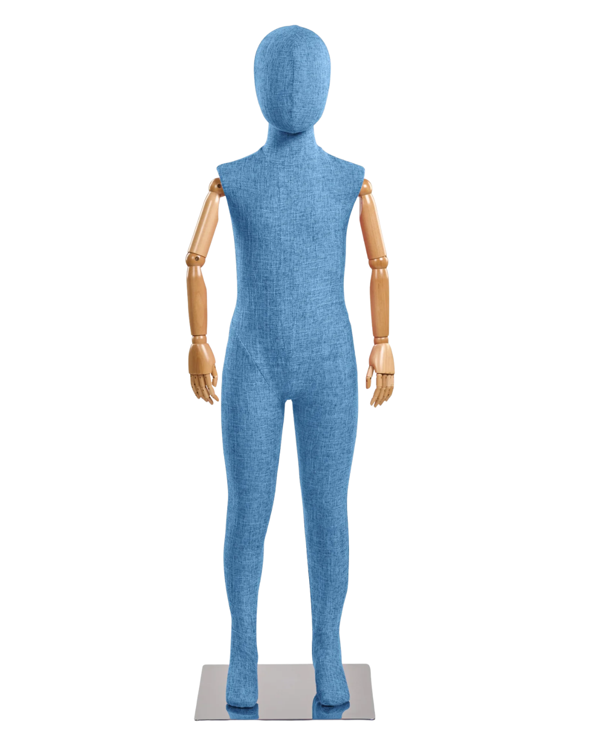 Child fabric wrapped mannequin, blue tweed, natural articulated wooden arms