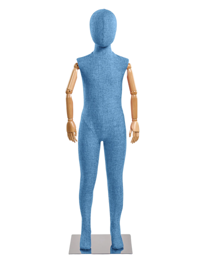 Child fabric wrapped mannequin, blue tweed, natural articulated wooden arms