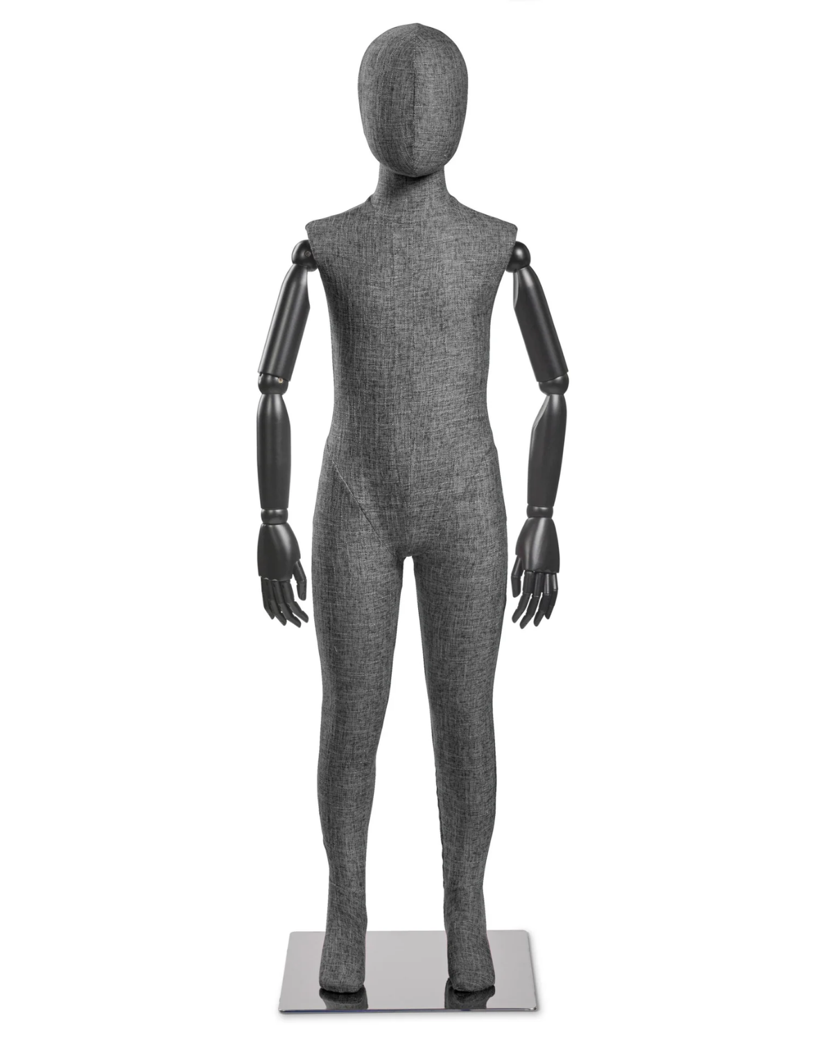 Child fabric wrapped mannequin, dark grey tweed, black articulated wooden arms