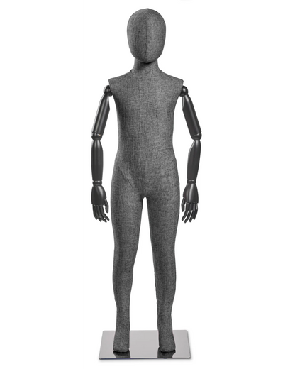 Child fabric wrapped mannequin, dark grey tweed, black articulated wooden arms