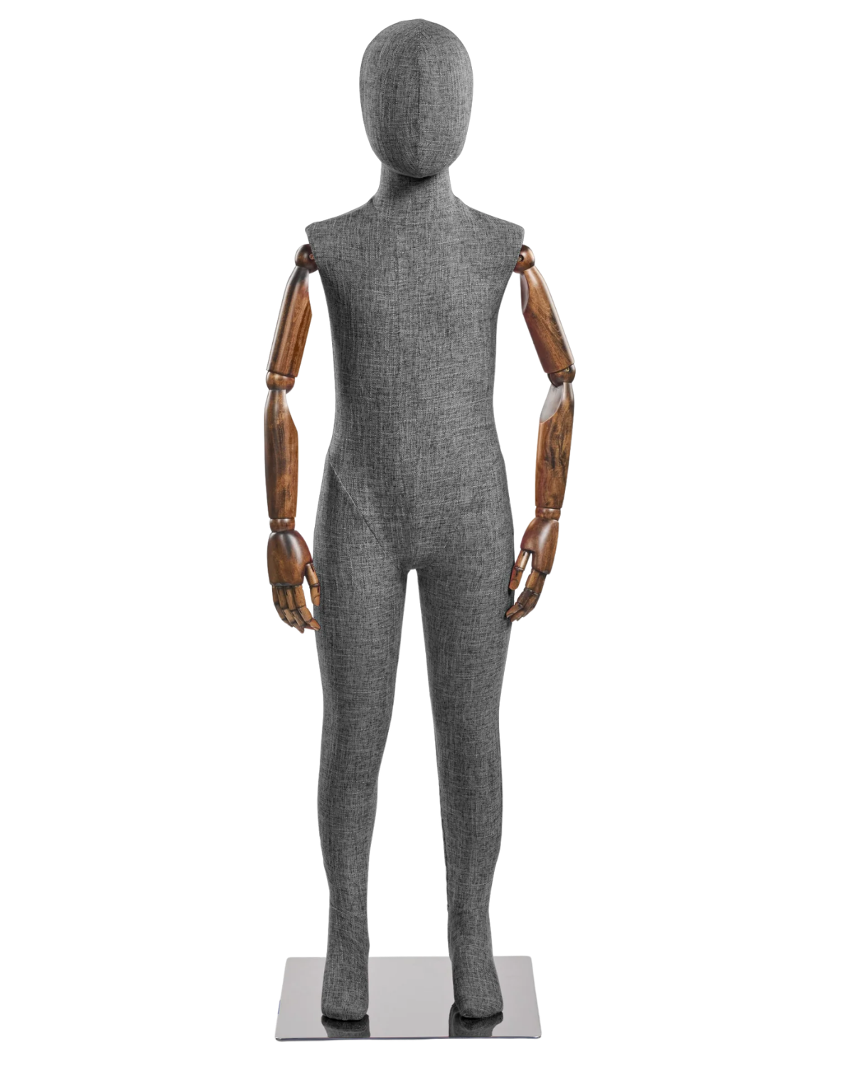Child fabric wrapped mannequin, dark grey tweed, cherry articulated wooden arms