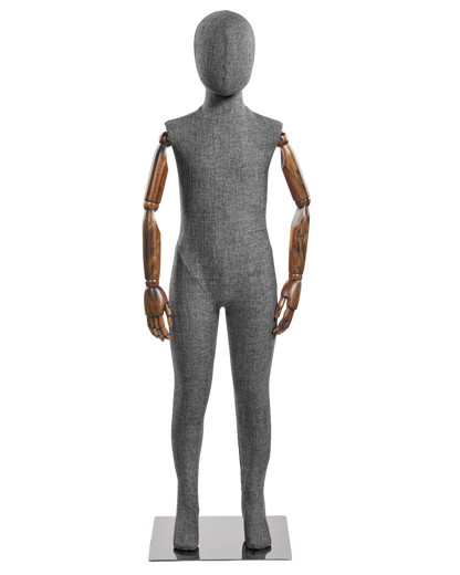 Child fabric wrapped mannequin, dark grey tweed, cherry articulated wooden arms