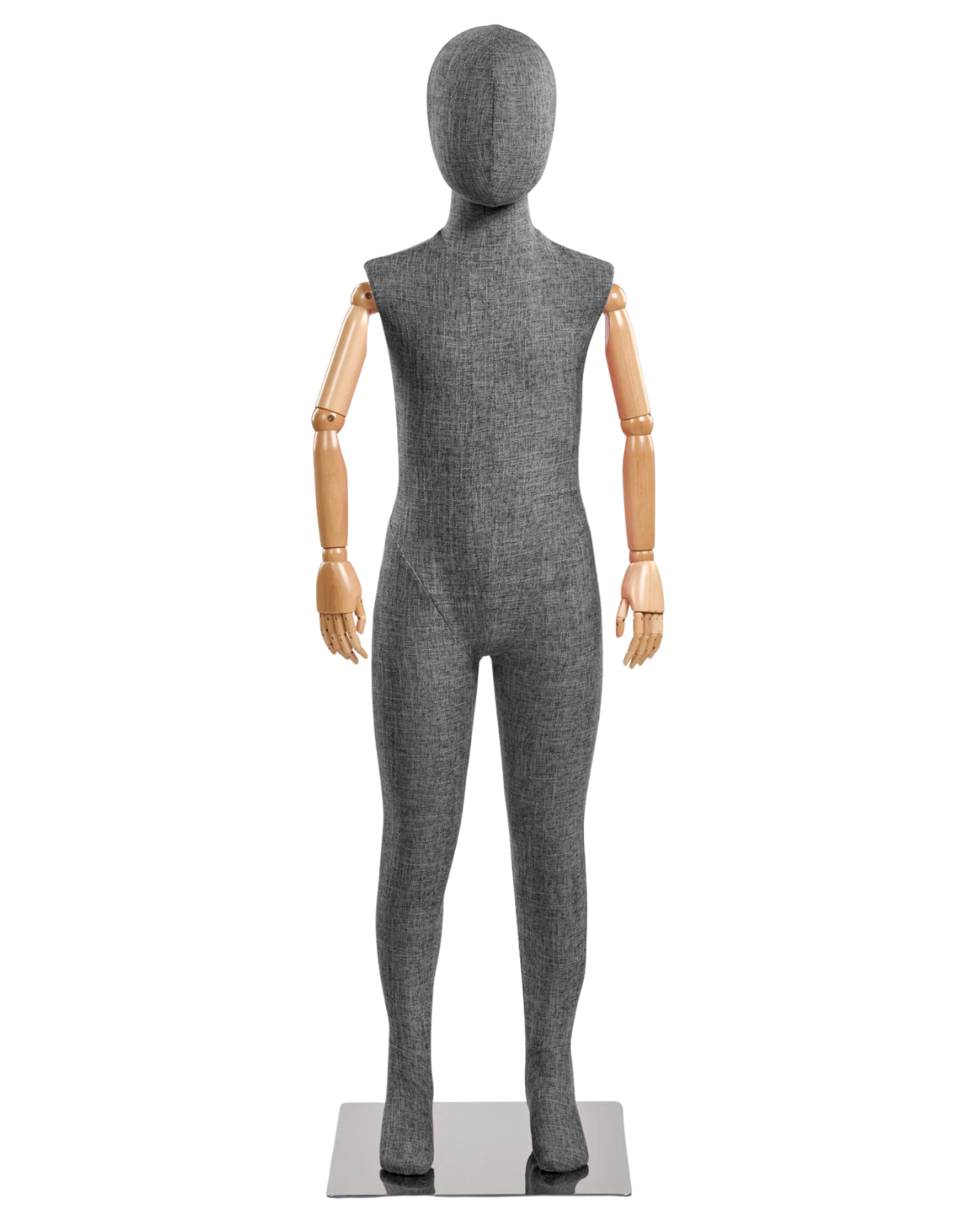 Child fabric wrapped mannequin, dark grey tweed, natural articulated wooden arms