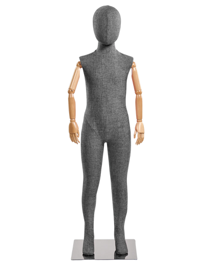 Child fabric wrapped mannequin, dark grey tweed, natural articulated wooden arms