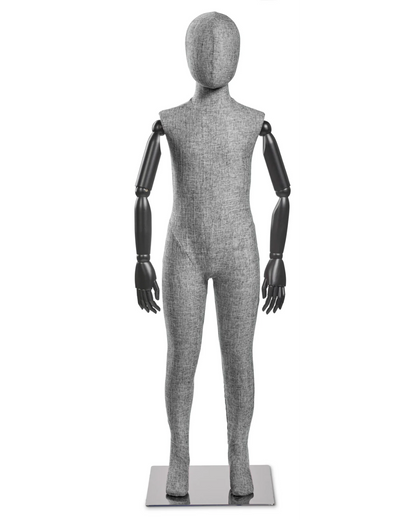 
child-fabric-wrapped-mannequin-light-grey-tweed-black-arms
