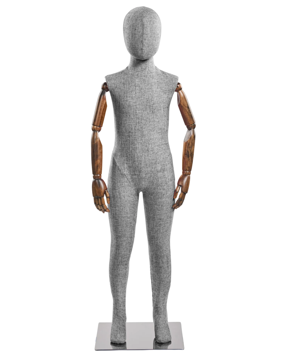 Child fabric wrapped mannequin, light grey tweed, cherry articulated wooden arms