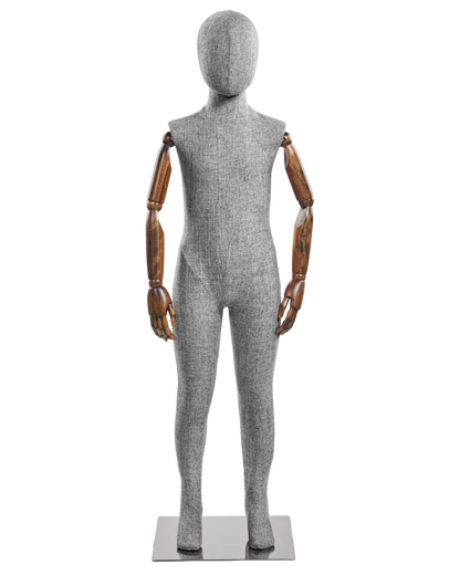 Child fabric wrapped mannequin, light grey tweed, cherry articulated wooden arms