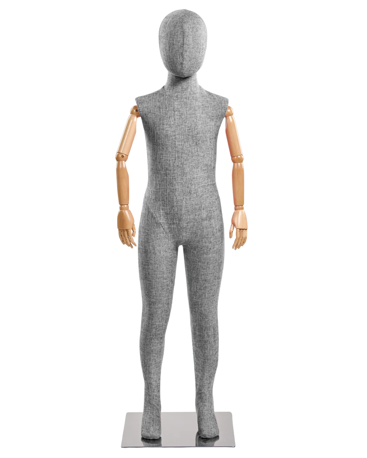 Child fabric wrapped mannequin, light grey tweed, natural articulated wooden arms