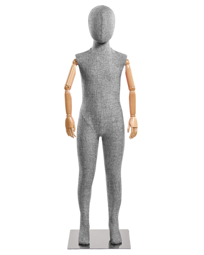 Child fabric wrapped mannequin, light grey tweed, natural articulated wooden arms