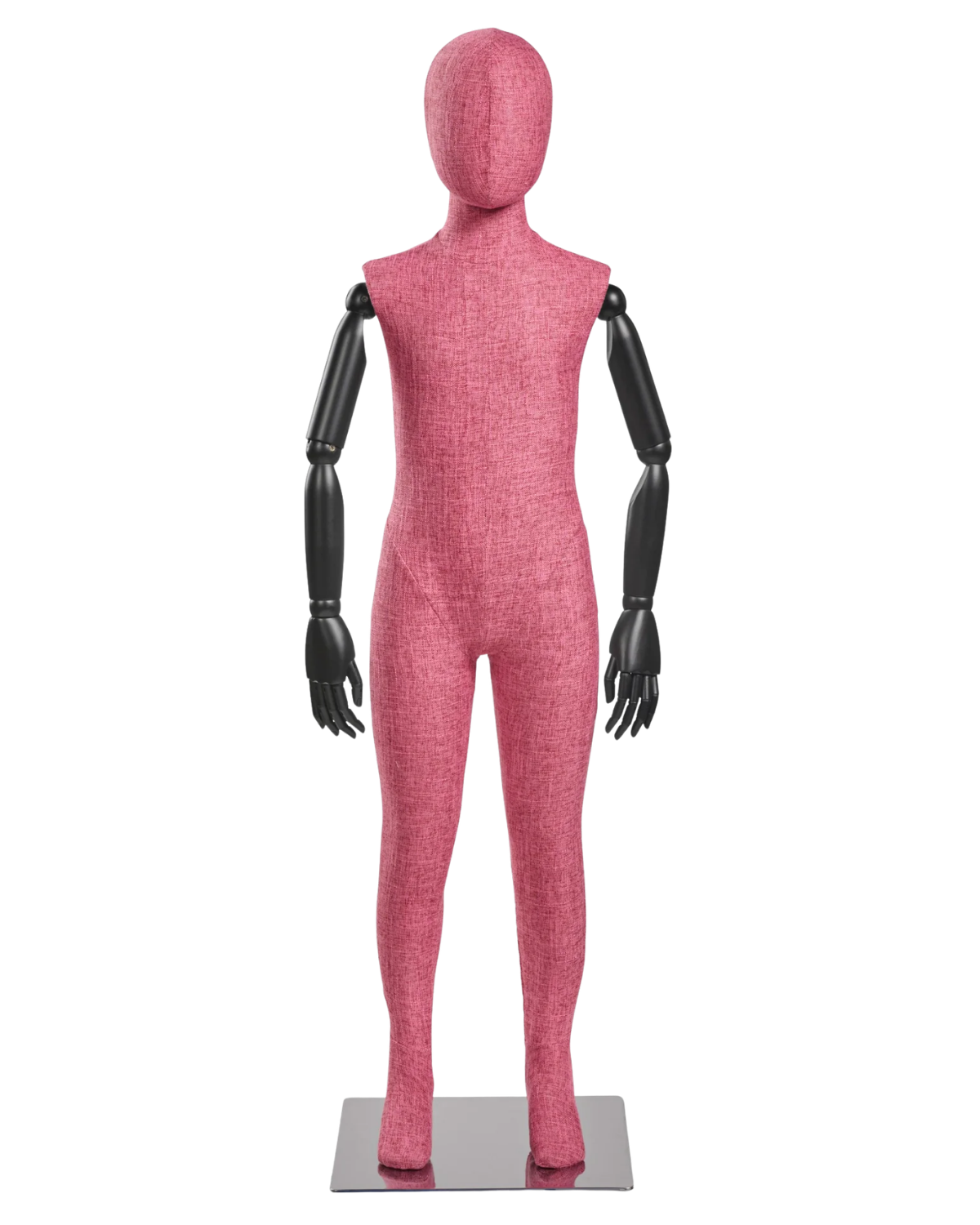 Child fabric wrapped mannequin, pink tweed, black articulated wooden arms