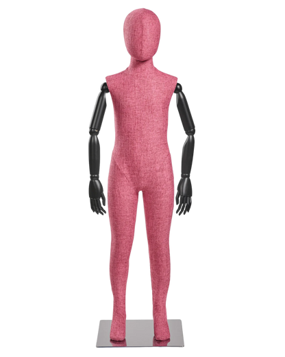 Child fabric wrapped mannequin, pink tweed, black articulated wooden arms