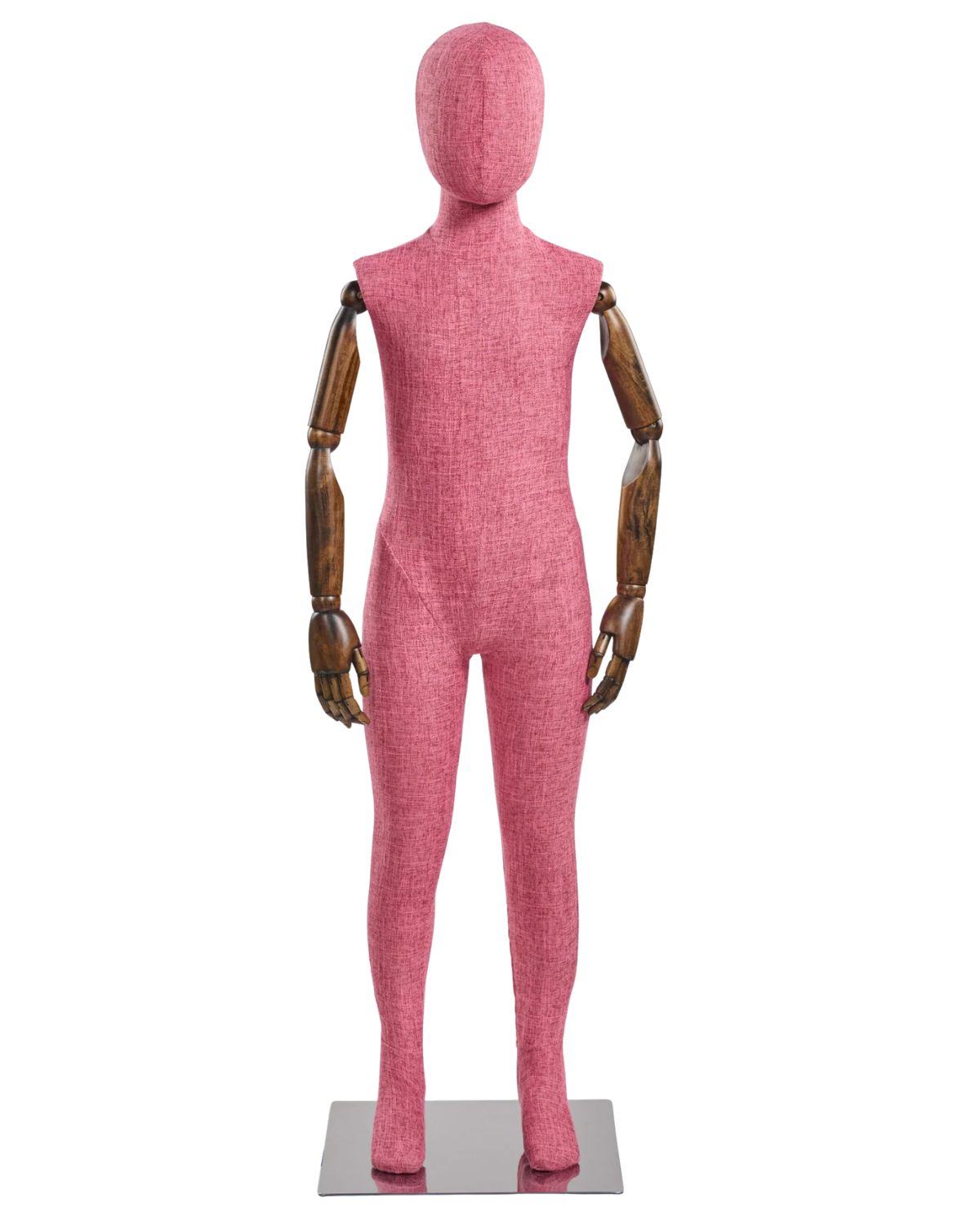 Child fabric wrapped mannequin, pink tweed, cherry articulated wooden arms