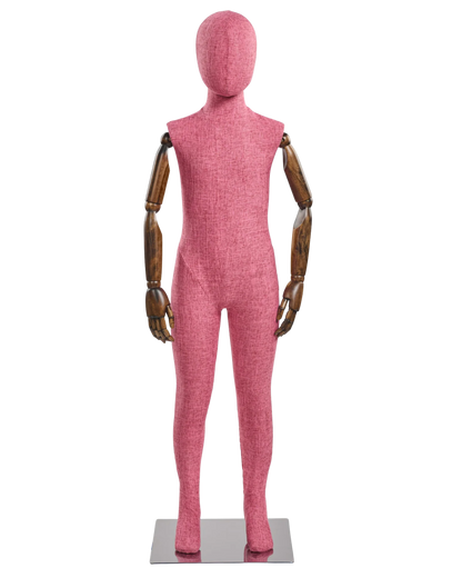 Child fabric wrapped mannequin, pink tweed, cherry articulated wooden arms