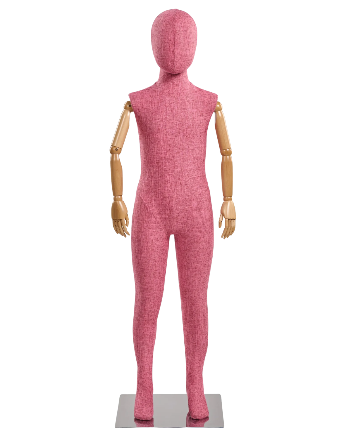 Child fabric wrapped mannequin, pink tweed, natural articulated wooden arms
