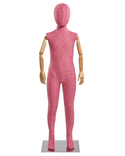 Child fabric wrapped mannequin, pink tweed, natural articulated wooden arms