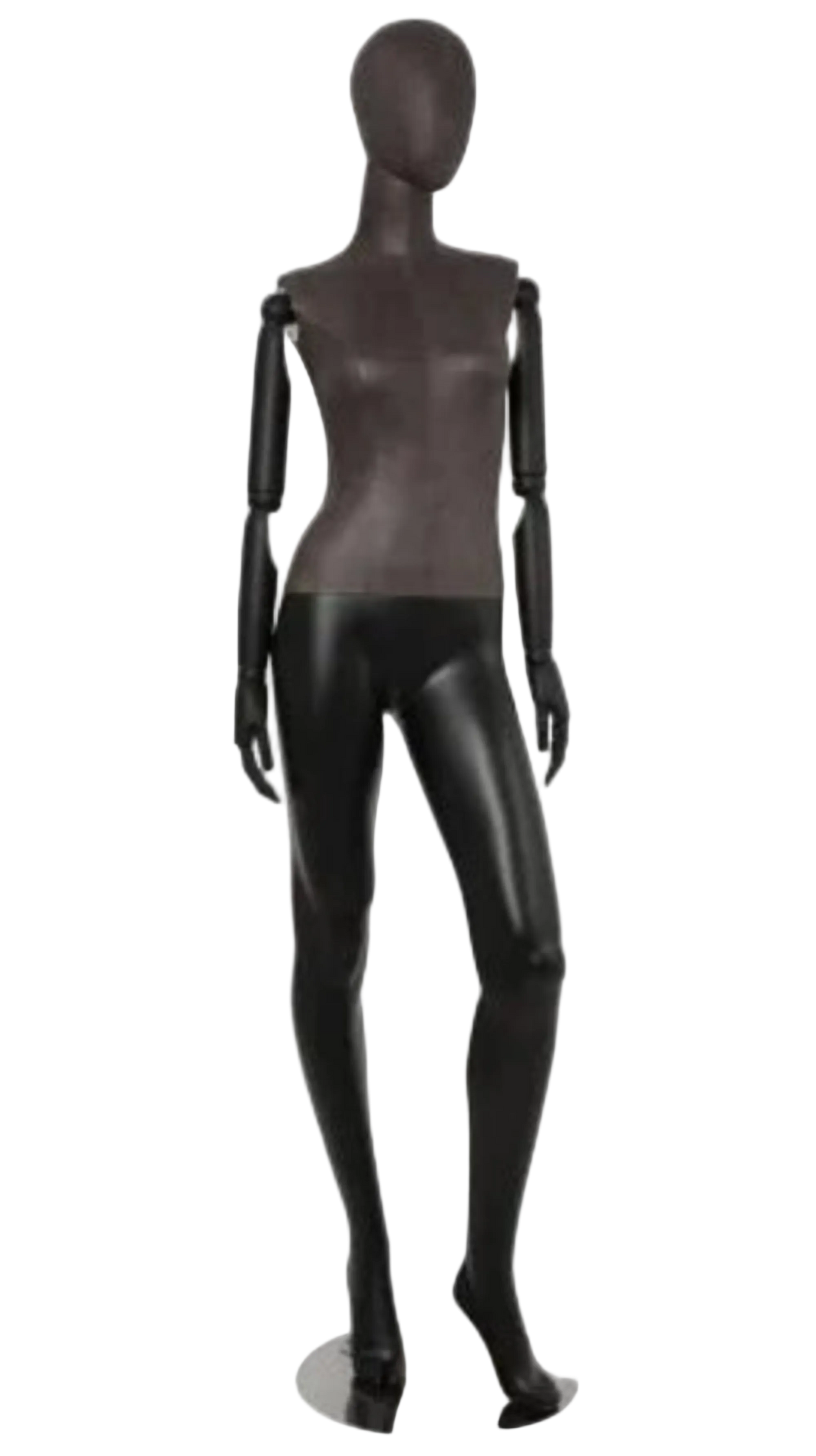 Distressed leather-like female mannequin with bendable wooden arms left leg bent pose