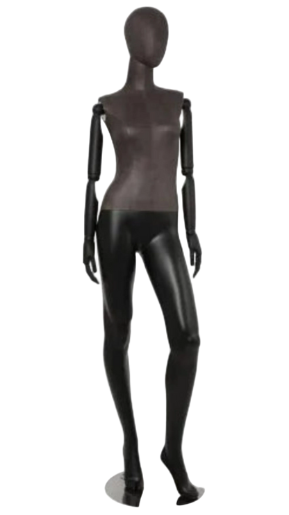 Distressed leather-like female mannequin with bendable wooden arms left leg bent pose