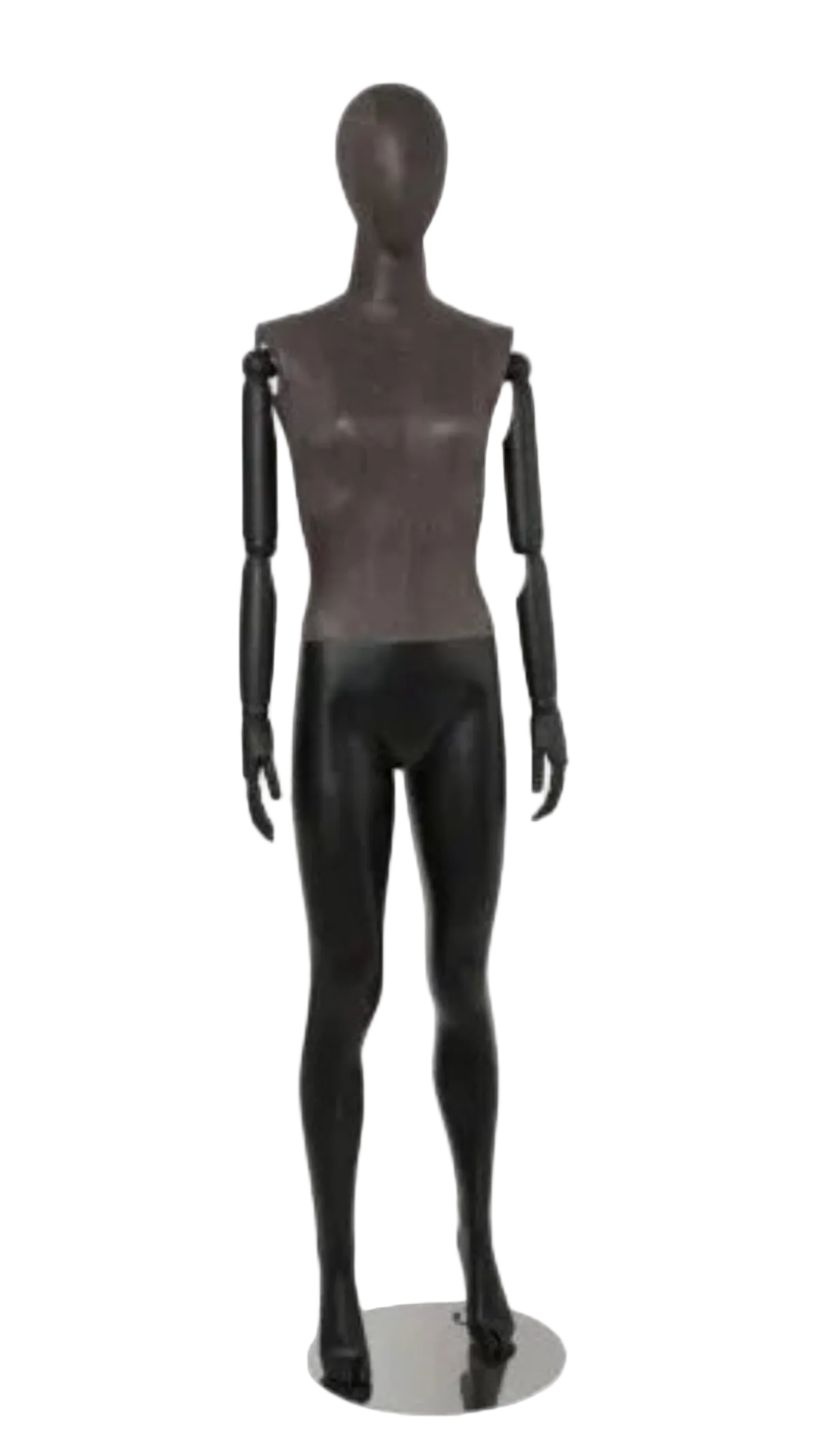 Distressed leather-like female mannequin with bendable wooden arms straight pose