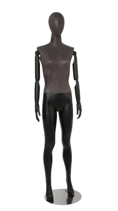 Distressed leather-like female mannequin with bendable wooden arms straight pose
