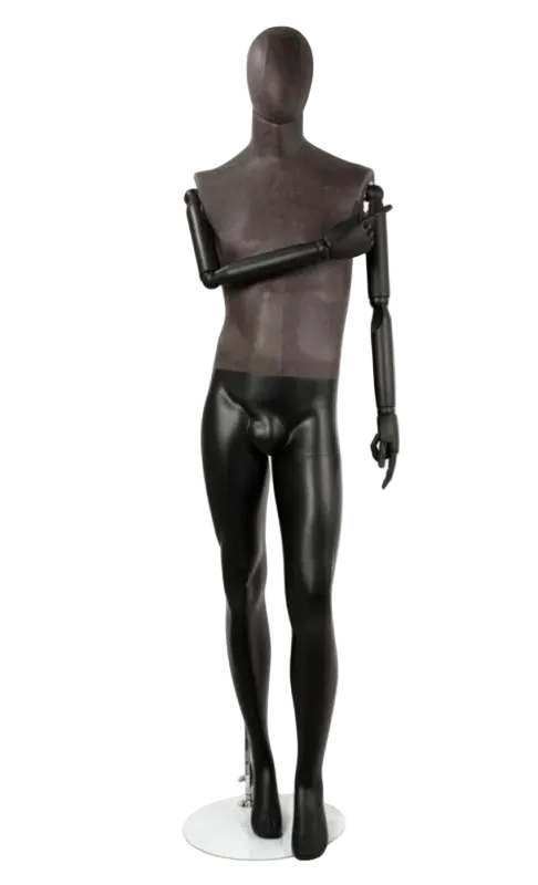 Front view of distressed leather-like male mannequin with bendable wooden arms and pointing pose