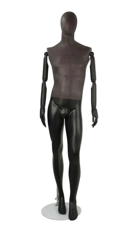 Distressed leather-like mixed fabric male mannequin with bendable wooden arms in left leg out pose