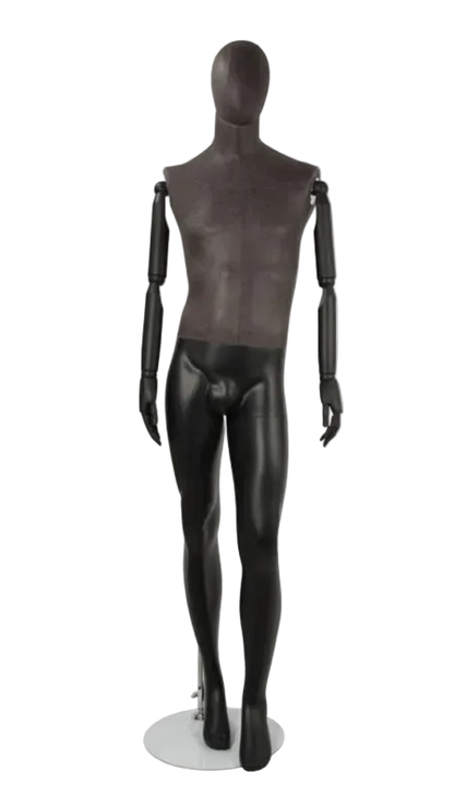 Distressed leather-like mixed fabric male mannequin with bendable wooden arms in left leg out pose