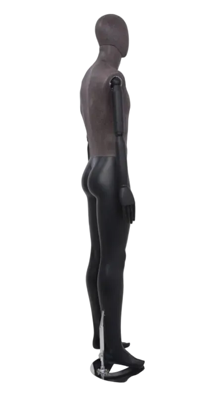 Side view of distressed leather-like mixed fabric male mannequin with bendable wooden arms