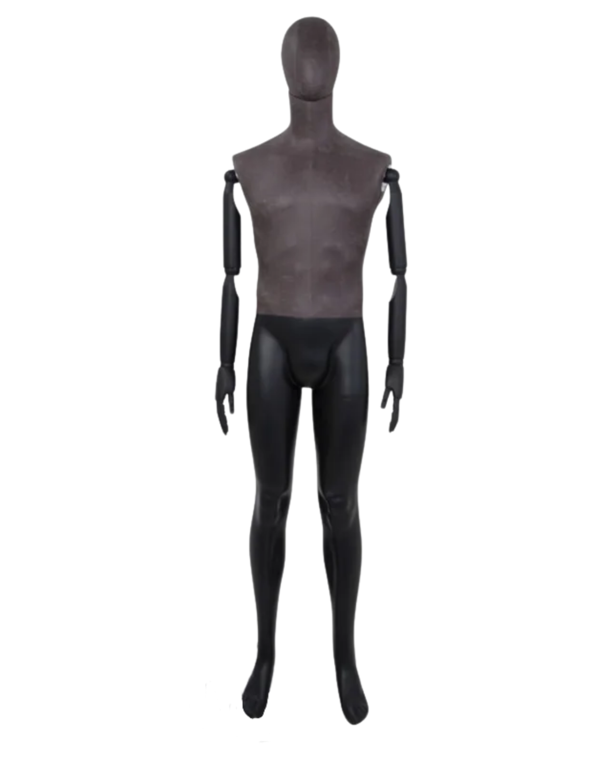 Distressed leather-like mixed fabric male mannequin with bendable wooden arms in straight pose