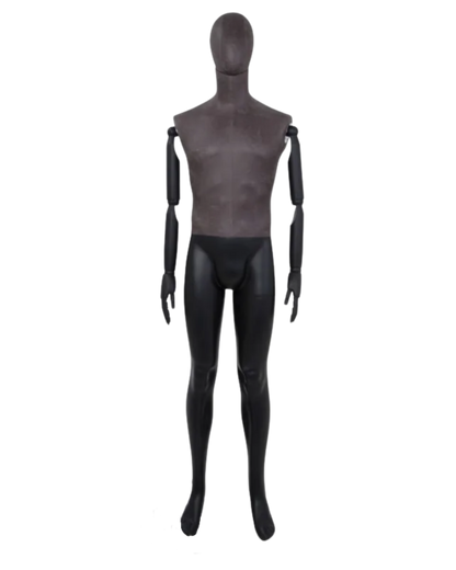 Distressed leather-like mixed fabric male mannequin with bendable wooden arms in straight pose