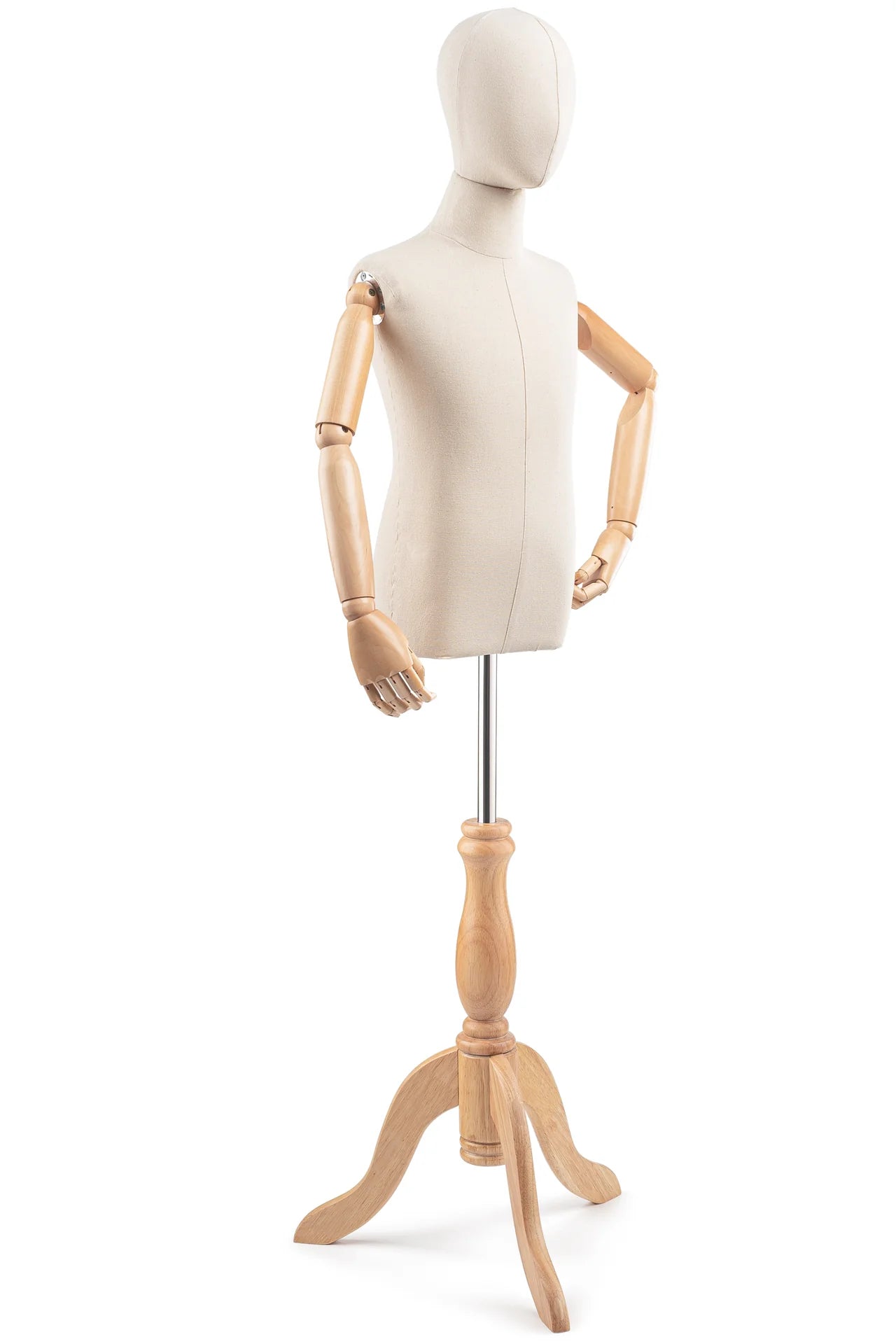 Natural wooden tripod child display dress form with articulated arms and posable features for clothing fitting and display.