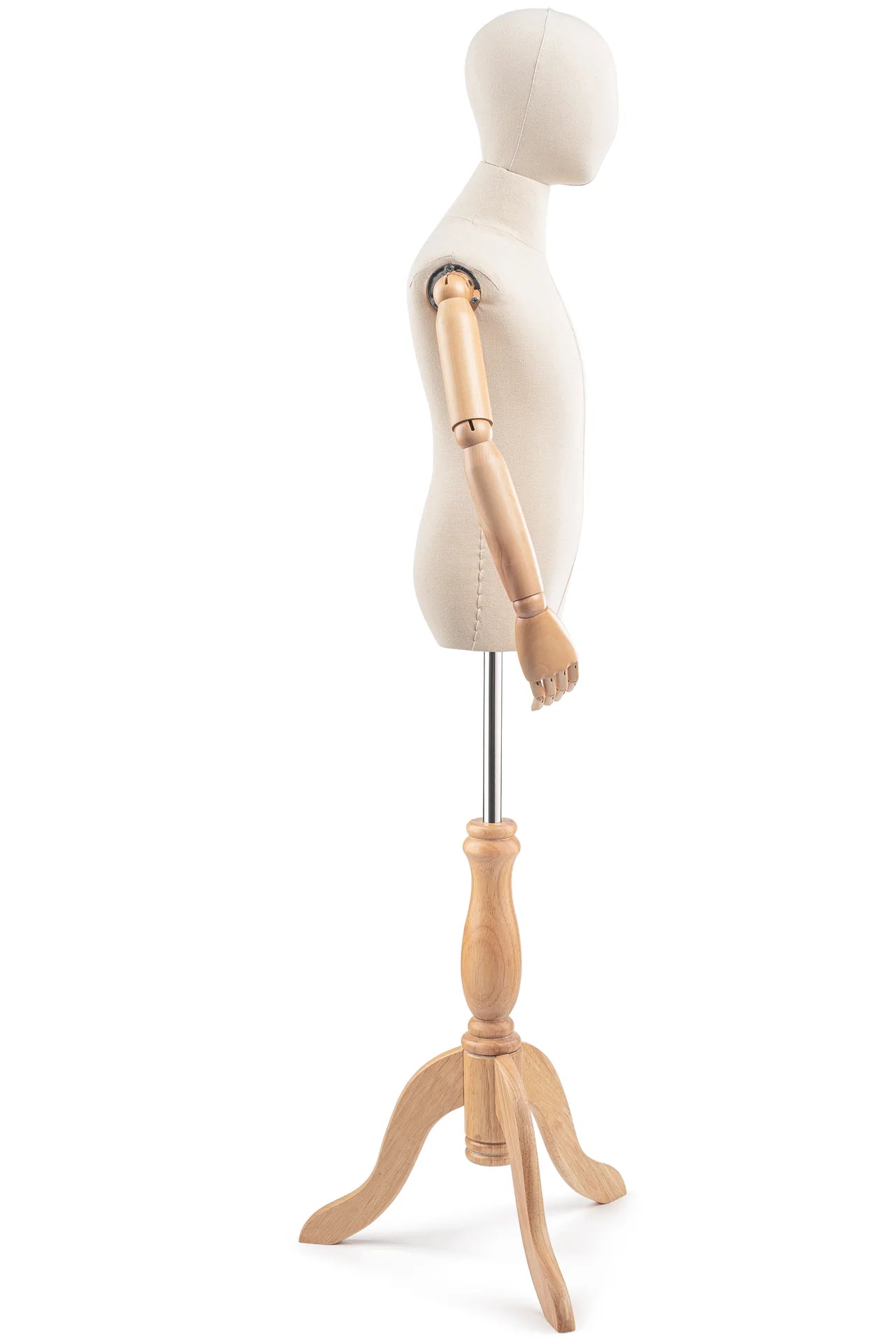 Child display dress form with wooden tripod base and articulated arms, posable mannequin for fashion fitting and display.