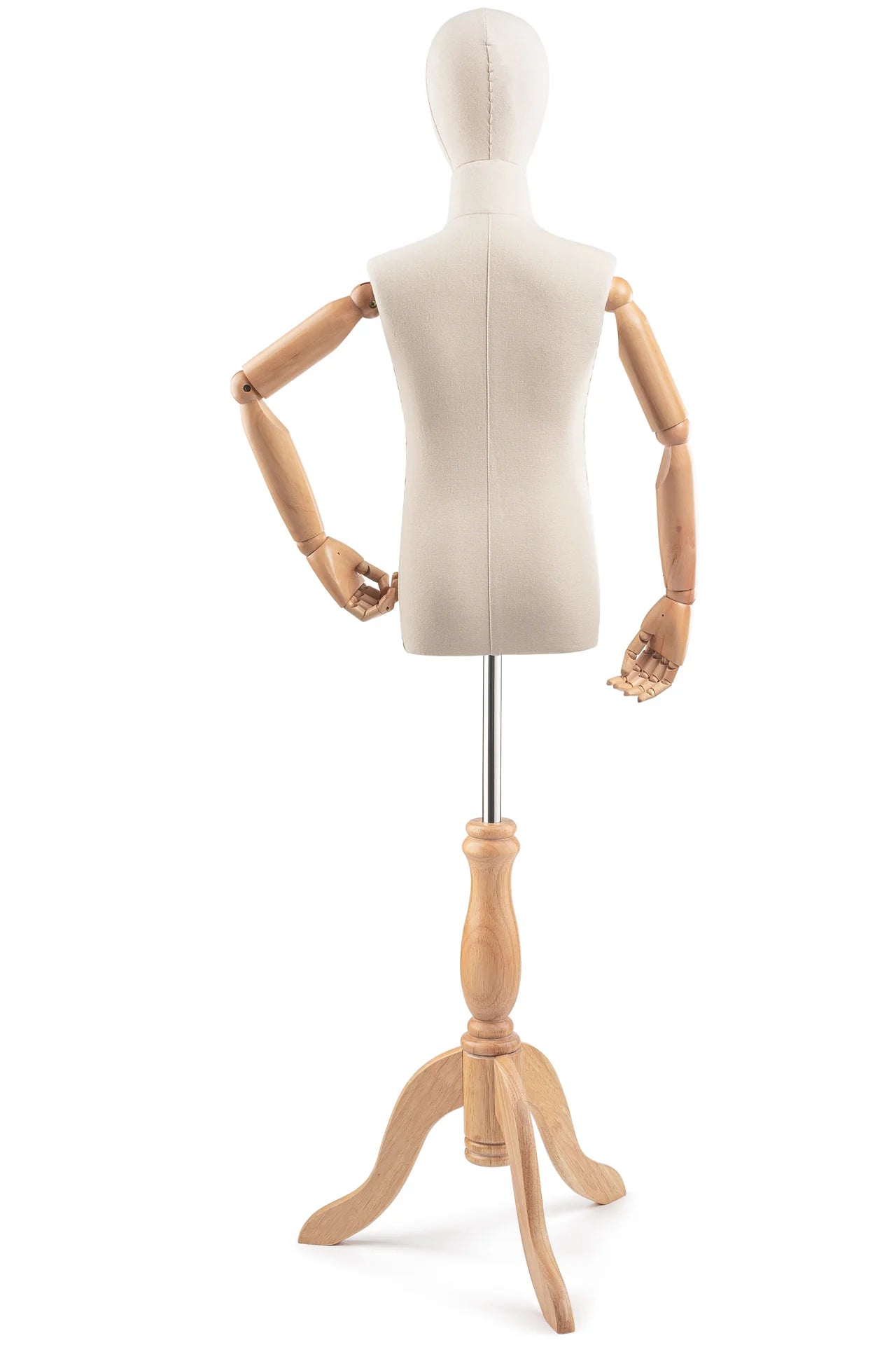 Child display dress form with wooden tripod base and articulated arms, posable mannequin for clothing display.