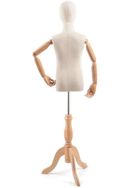Child display dress form with wooden tripod base and articulated arms, posable mannequin for clothing display.