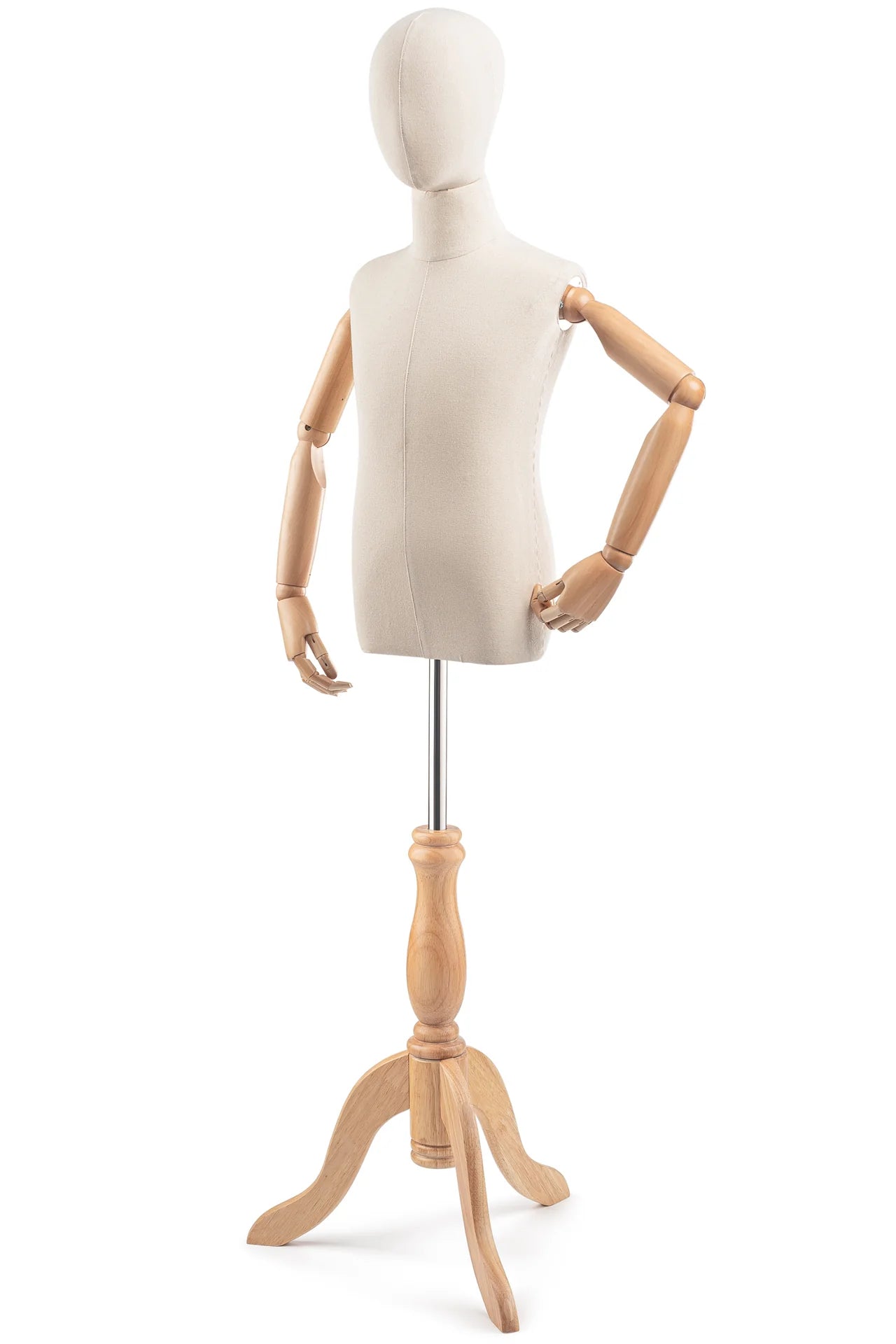 Child display dress form with wooden tripod base and articulated arms, showcasing a posable mannequin for fashion fitting.