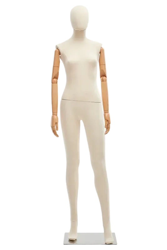 female fabric mannequin left leg bent pose retail display