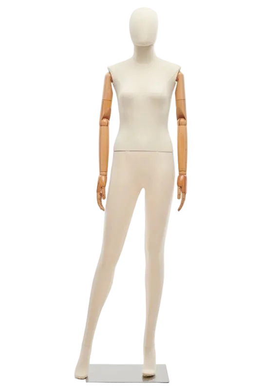 female fabric mannequin right leg bent pose articulating arms display