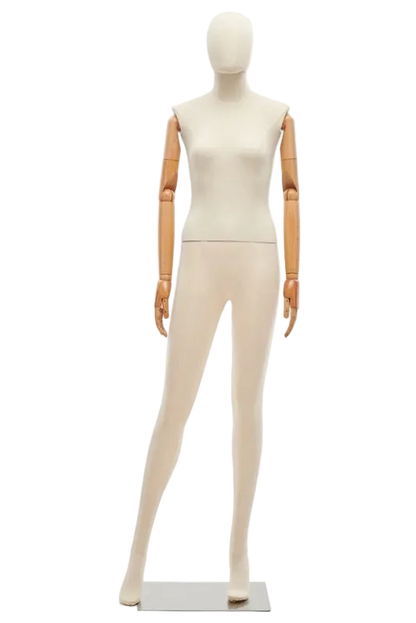 female fabric mannequin right leg bent pose articulating arms display