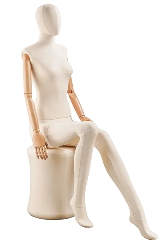 female fabric mannequin seated pose articulating wooden arms