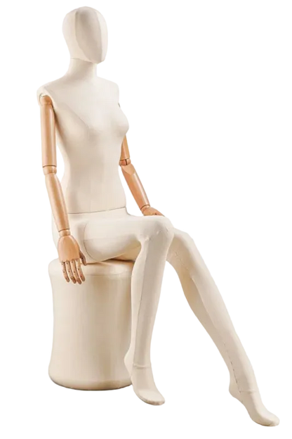 female fabric mannequin seated pose articulating wooden arms