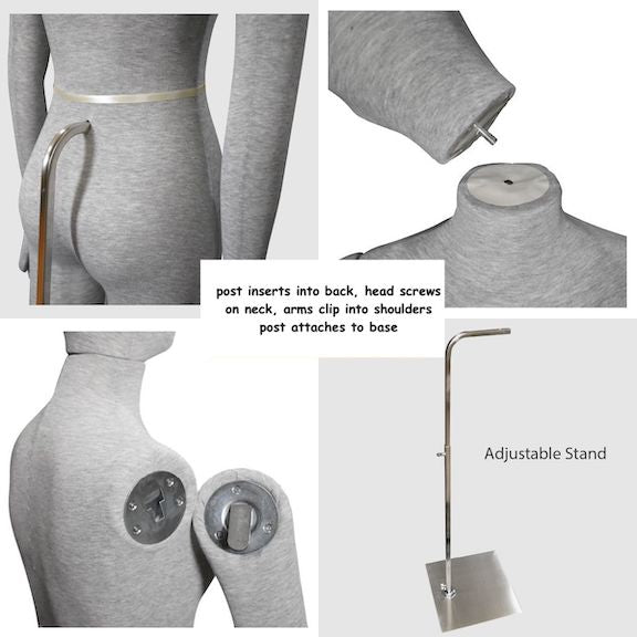 Posable female foam mannequin in grey, black, and beige for display, showing flexible joints and realistic female form.